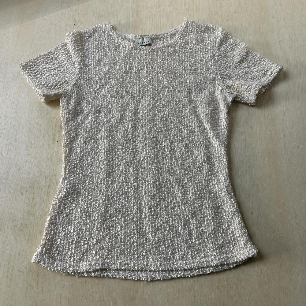 Vintage Jaipur Shirt Womens Medium White Textured Boucle Knit Short Sleeve Top
